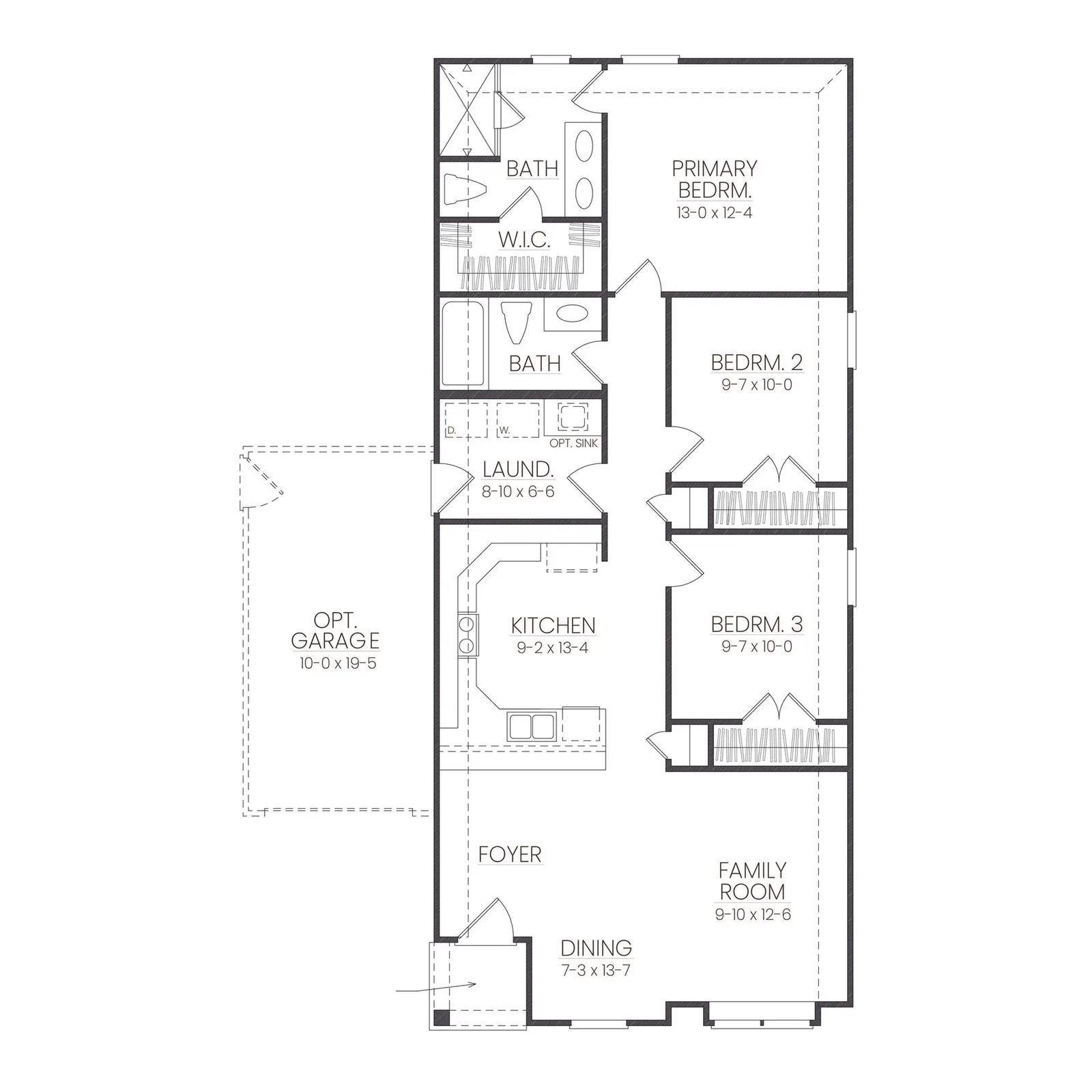 Floor plan drawing for the Sycamore by Alta Homes, 3 bed, 2 bath, ~1,170 sqft